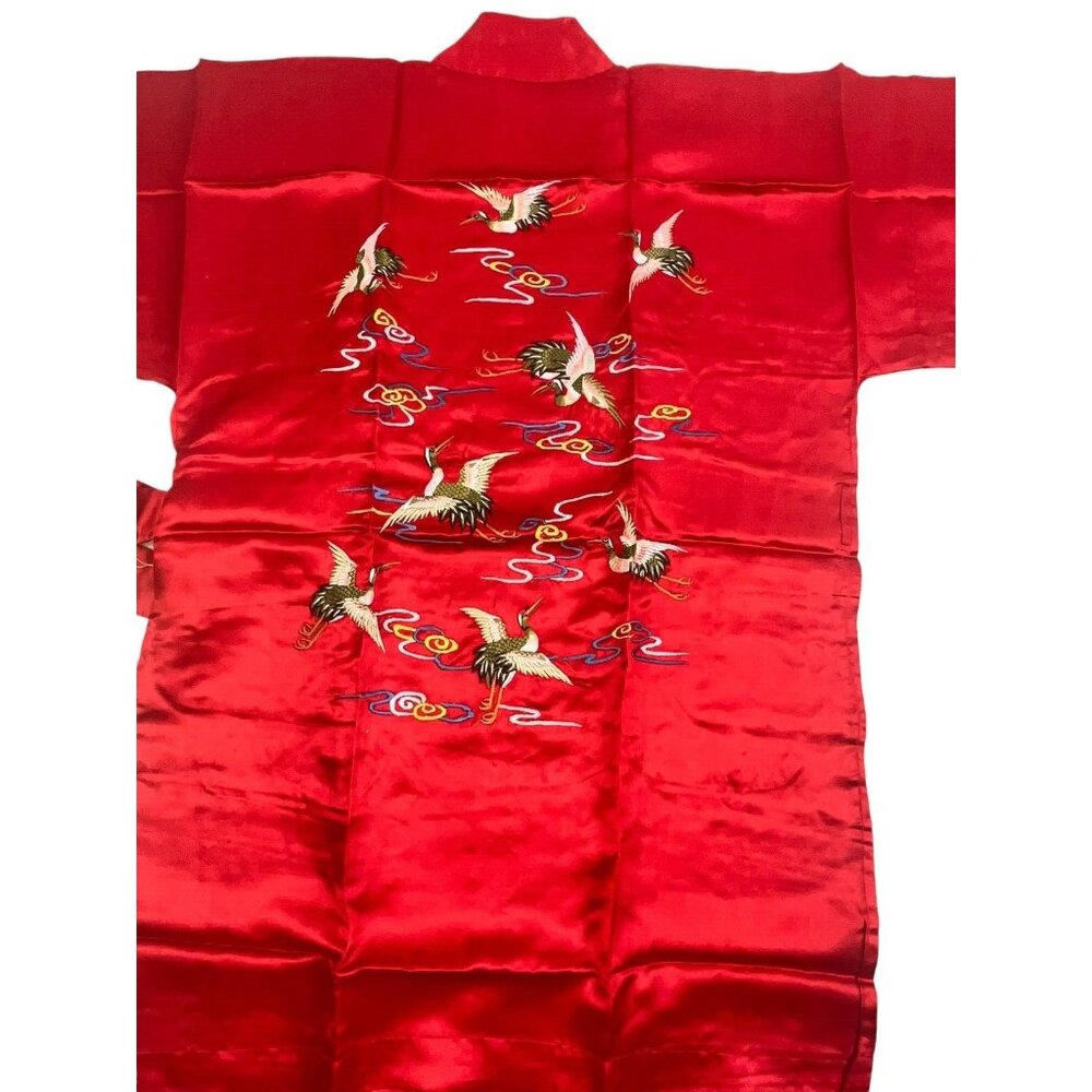 NEW Real Chinese Red 100% Silk Embroidered Short Kimono Robe Birds 1960's NWT